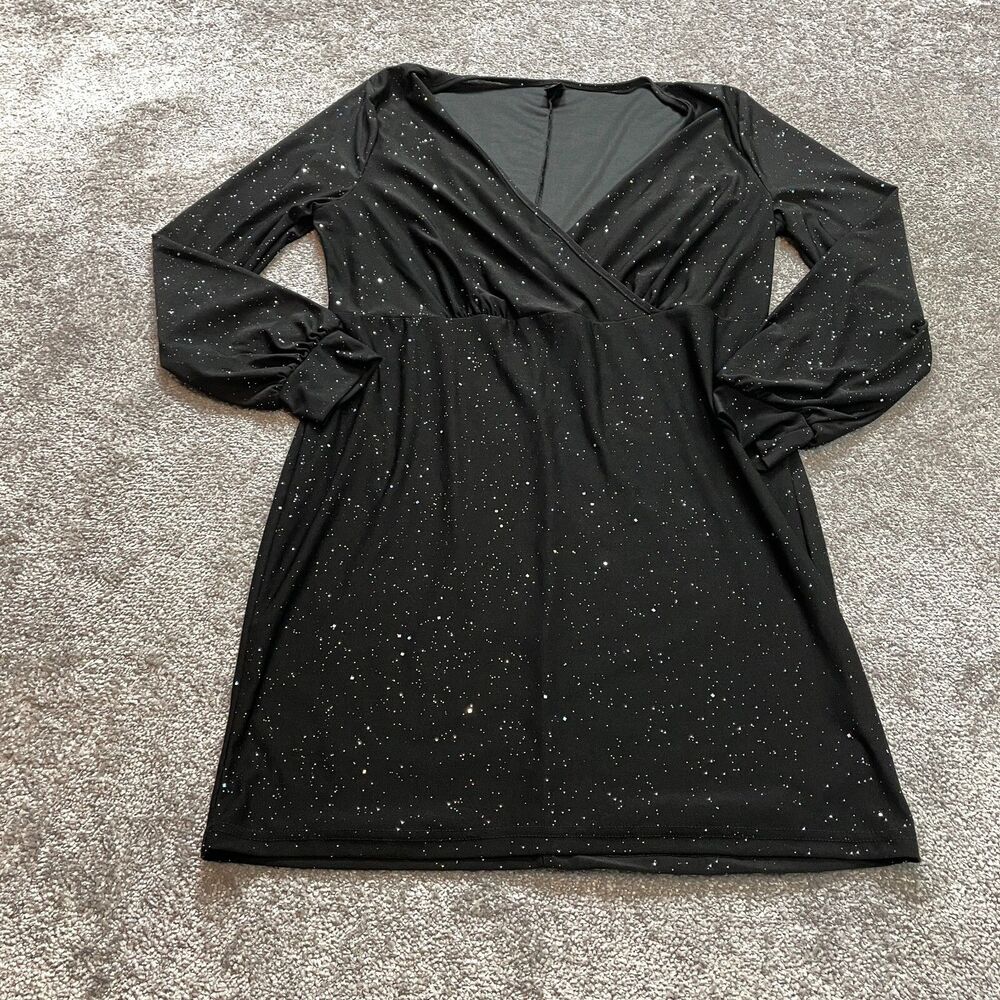 Shein Curve Dress Womens Plus 1X Black Midi V Neck Long Sleeve Glitter Midi Top